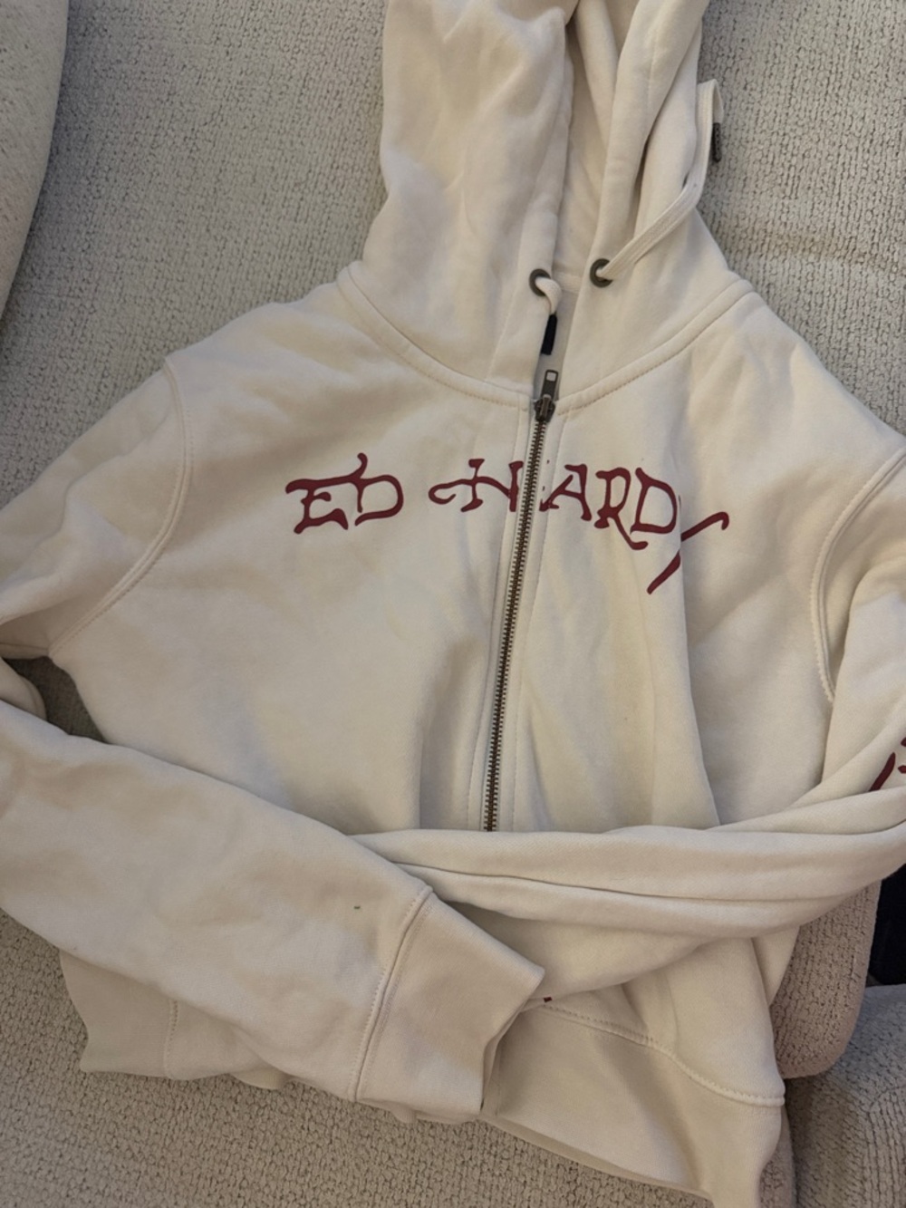 Ed Hardy Cream Zip Hoodie with Red Script